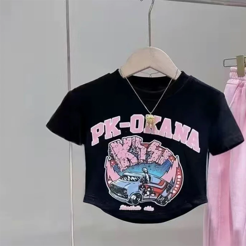 Girls Clothing Set Teenager Summer Girls Clothes Midriff Street Suit Crop Top T Shirt + Pant