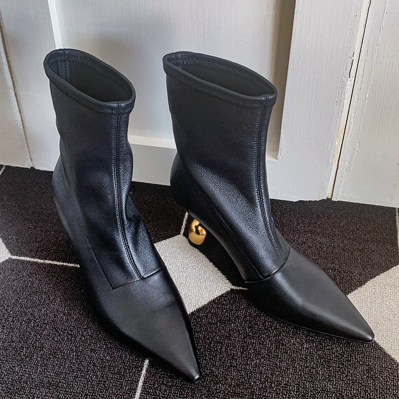 Aphixta Woman Ankle Boots Strange Style Heel Black Modern Boot Pointed Toe 6.5cm High Heels Soft Leather Woman 2025 Trend Shoes