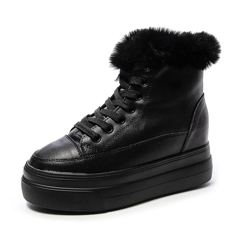 

2022 New Winter Snow Boots Comfortable Warm Boots Black White Thick Bottom Internal Increase Wedges Genuine Leather Women Boots