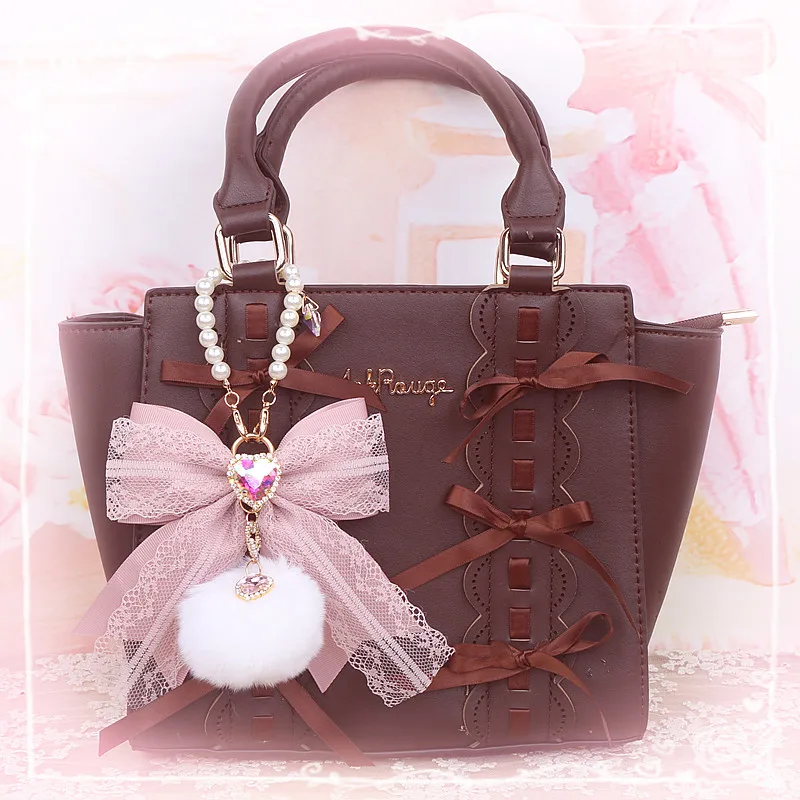 Japanese Style Beautiful Sweet Cute Bow Women's Accessories Fashion Elegant Lace Fur Stitching Beaded Pearl Handbag Pendant