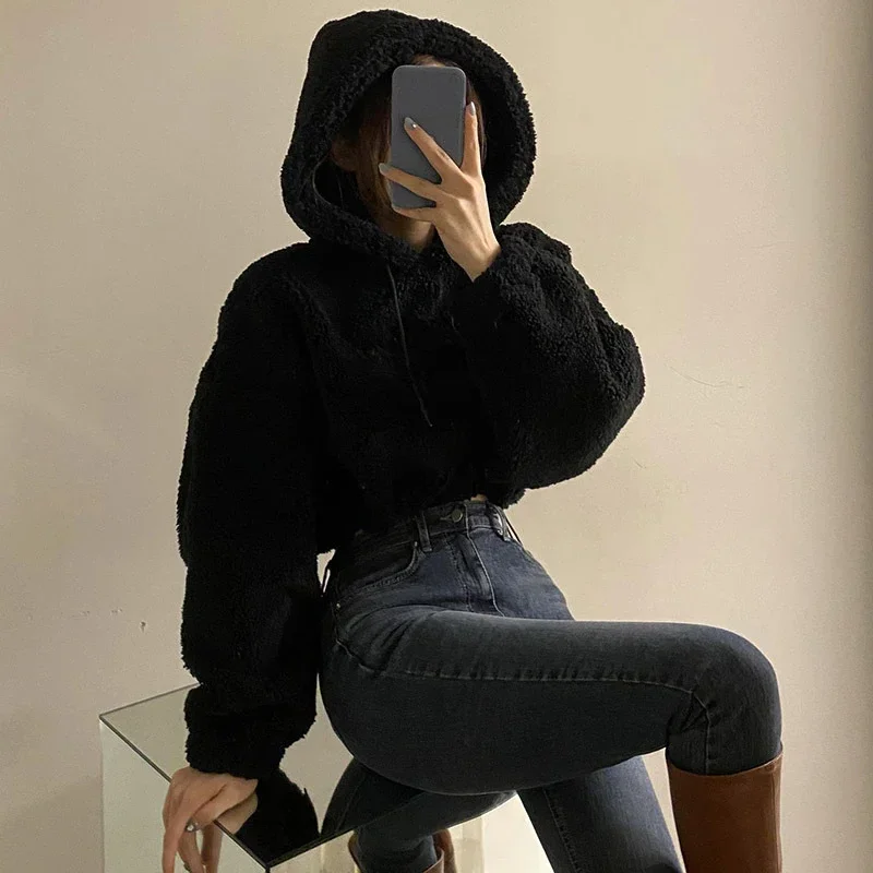 Cute Hairy Sweat Hoodie Autumn Warm Faux Lamb Fur Oversized Black White Women Fleece Sweatershirt Crop Top Loose Pullover y2k