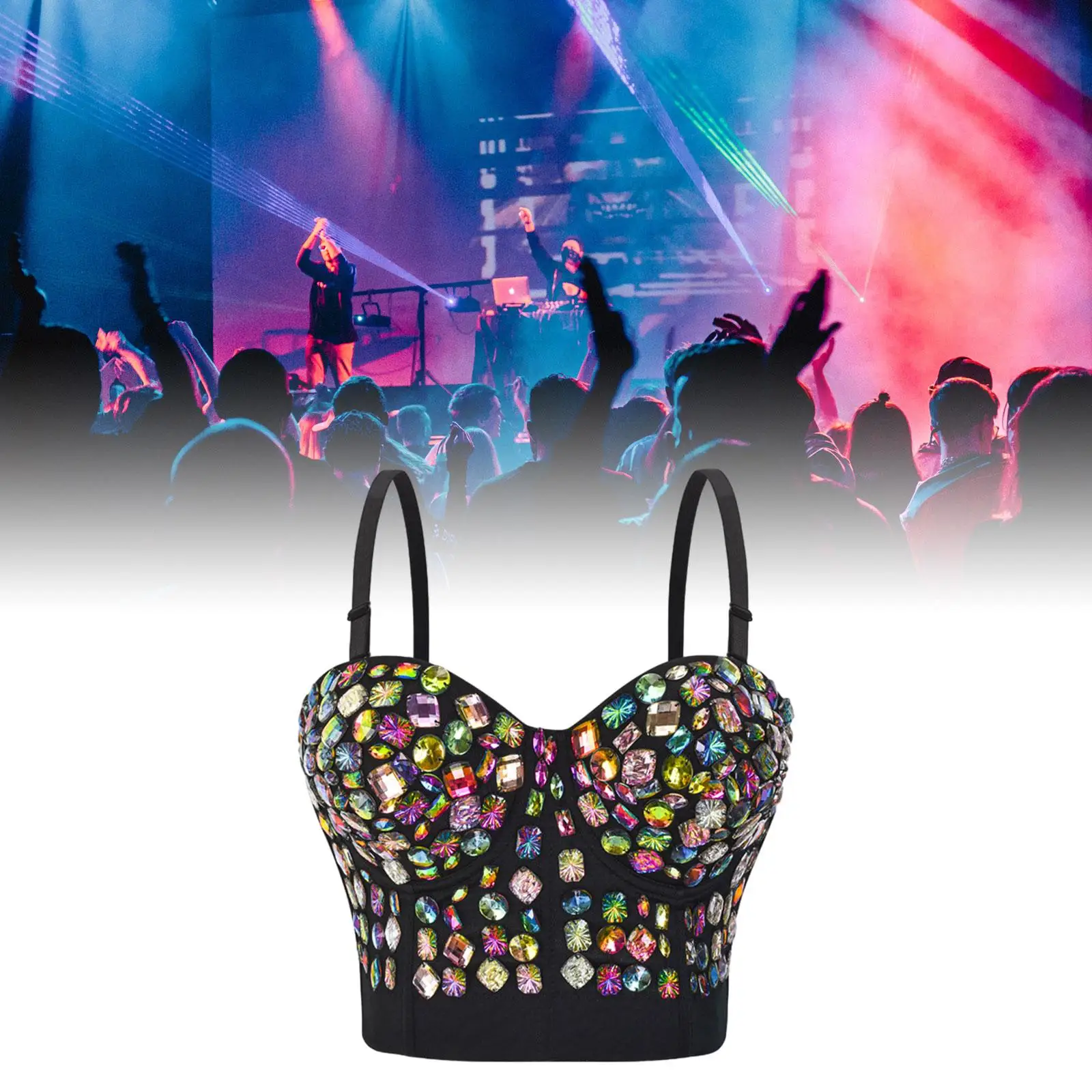 Rhinestone Bustier Top Removable Straps Outerwear Bra Glitter Crop Top Bra Bling Corset for Club Party Stage Performance