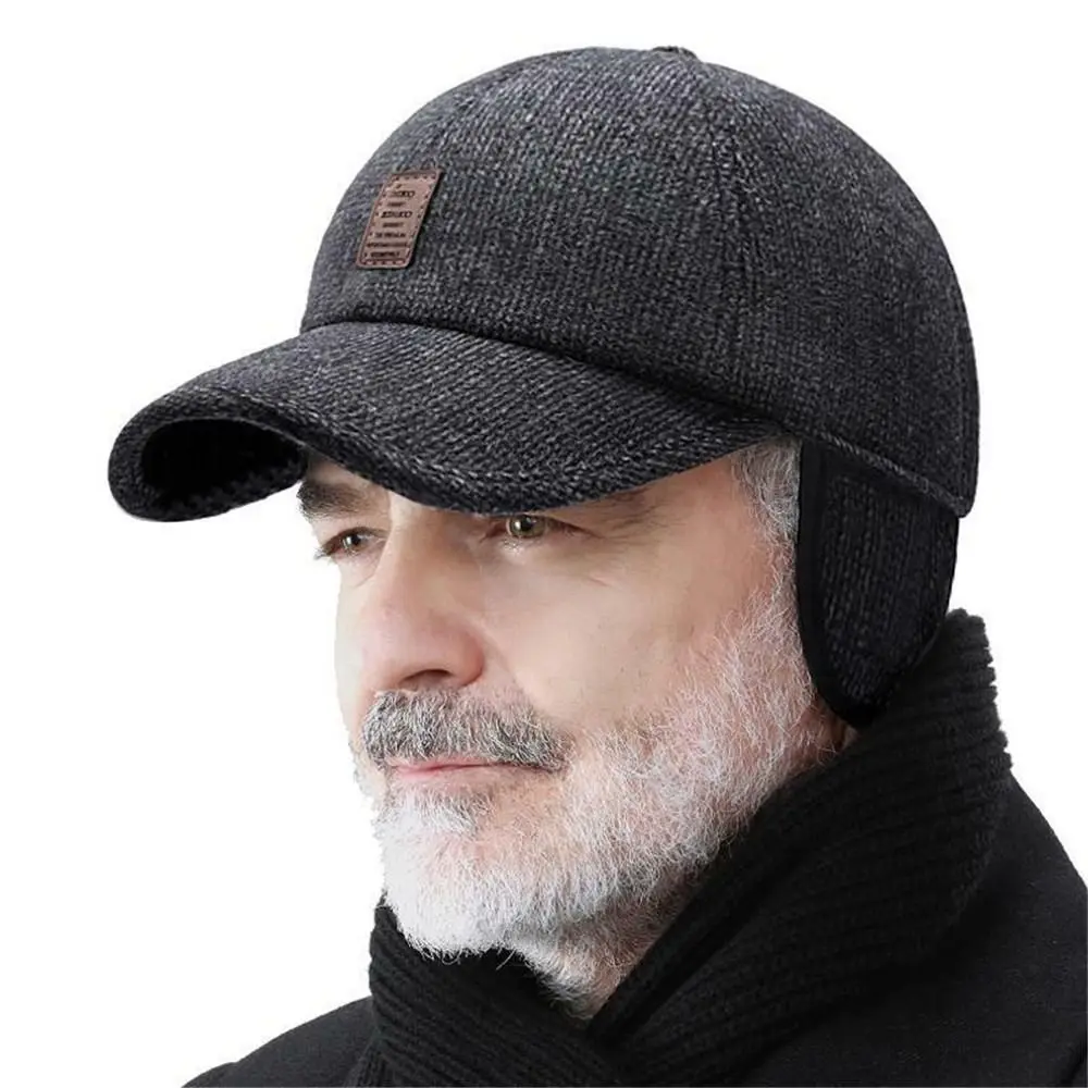 Winter Warm Cap Men Thick Woolen Knitted Earmuffs Baseball Cap Windproof Adjustable Outdoor Sport Running Hiking Bomber Hat