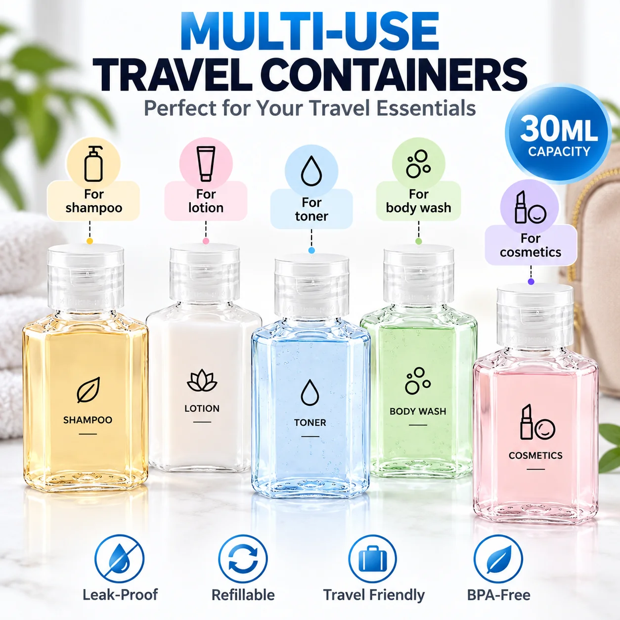 Set of 5 Refillable 30ml Transparent Travel Bottles - Multi-use Empty Plastic Containers for Cosmetics and Shampoo