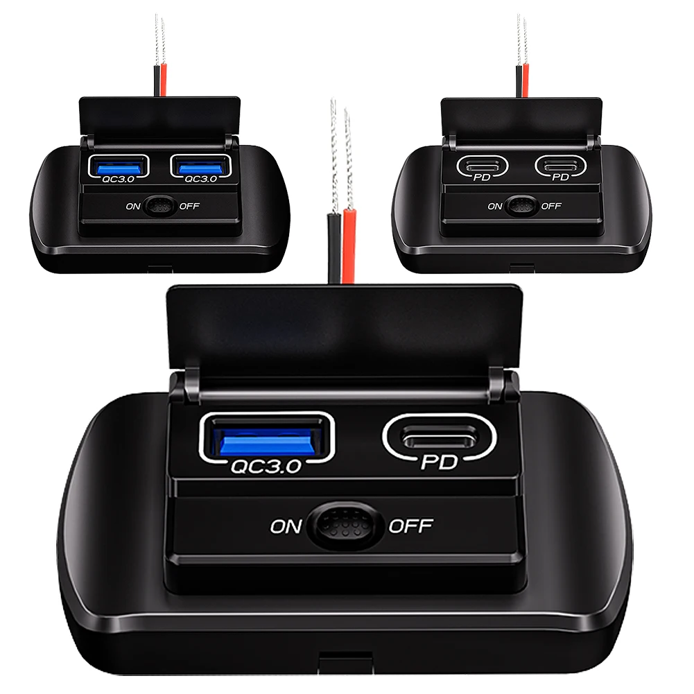 12V/24V USB Power Socket with Switch with ON/OFF QC3.0 PD Dual USB Ports Waterproof Dustproof for Most Cars Motorcycles Boats RV