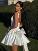 Elegant Female White Sleeveless Sling Mini Skirt Sexy Slim Pleated Chic Bow Backless Short Dress 2025 Women New Evening Robes 5