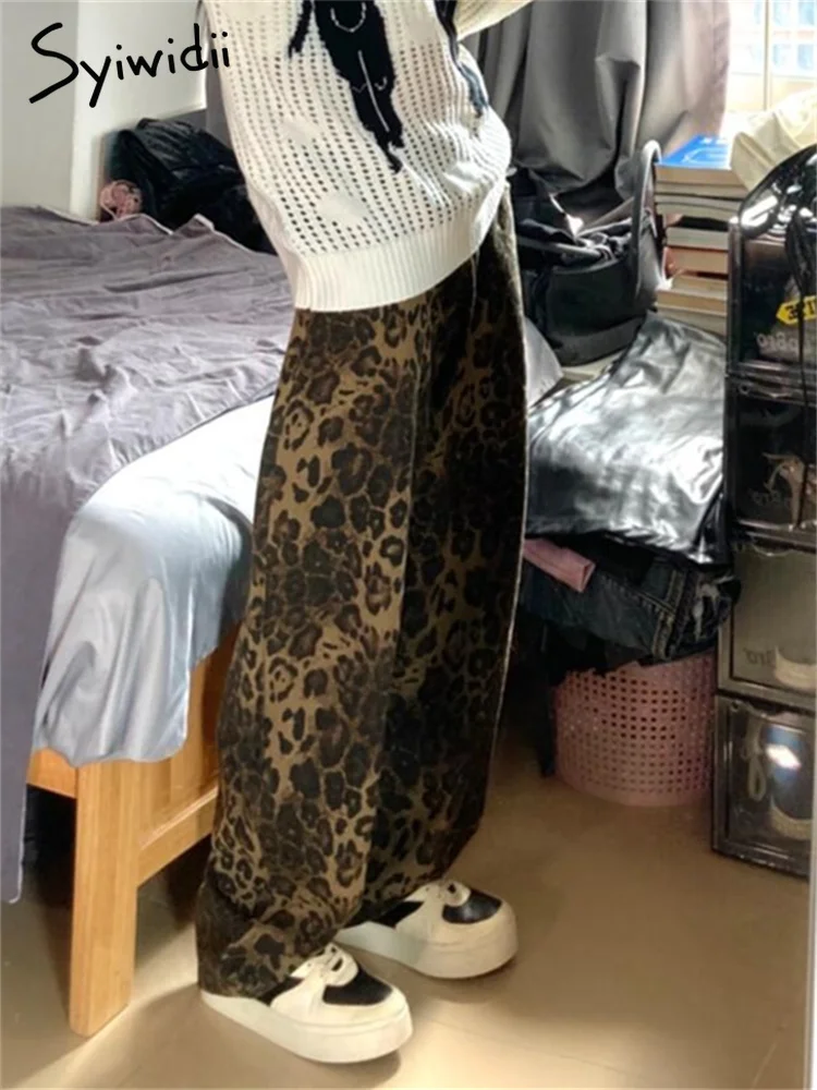 Syiwidii 여성용 하이 스트리트 레오파드 무늬 청바지, 빈티지 스트리트웨어, 헐렁한 와이드 레그 데님 바지, 캐주얼 Y2k 스트레이트 청바지