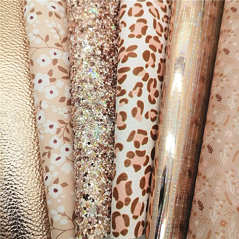 Gold Leather Sheets Flowers Leopard Printed Synthetic Leather Iridescent Faux Litchi DIY Craft Sheets Mini Rolls W273 leather fabric