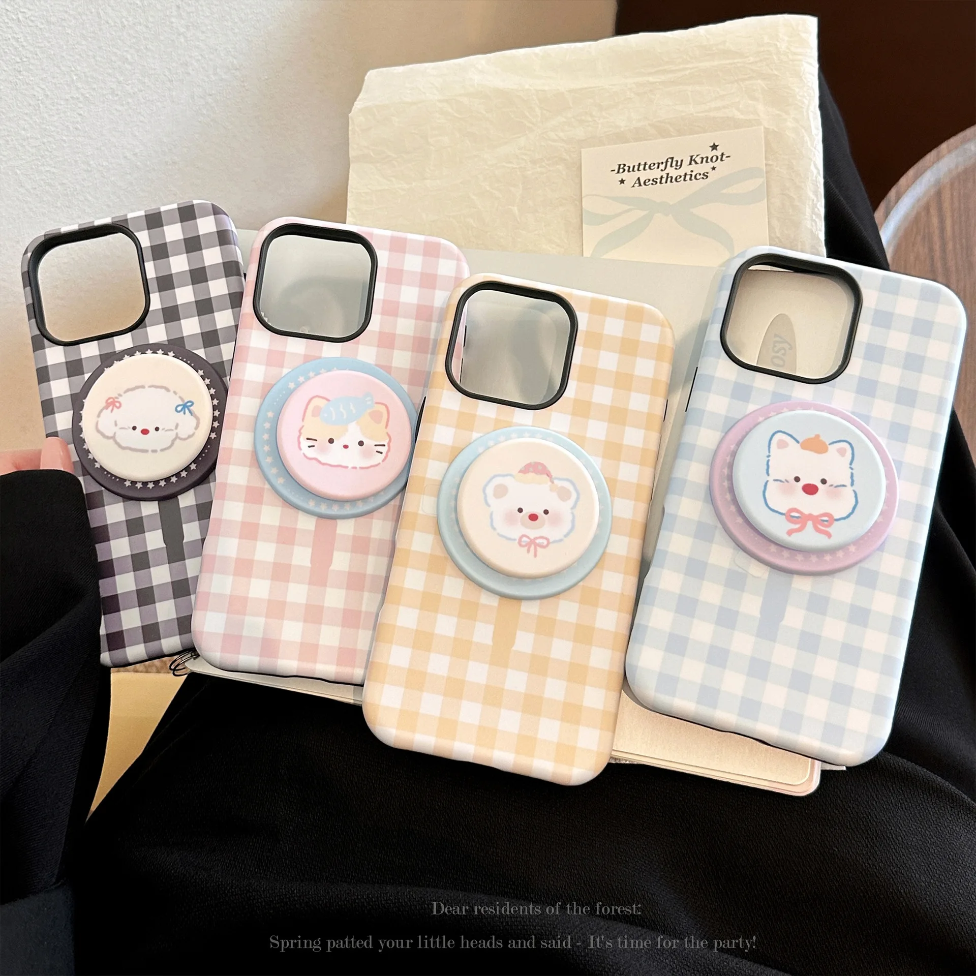 Korean Grid Pattern Cartoon Animals Magnetic Shockproof Phone Case Cover