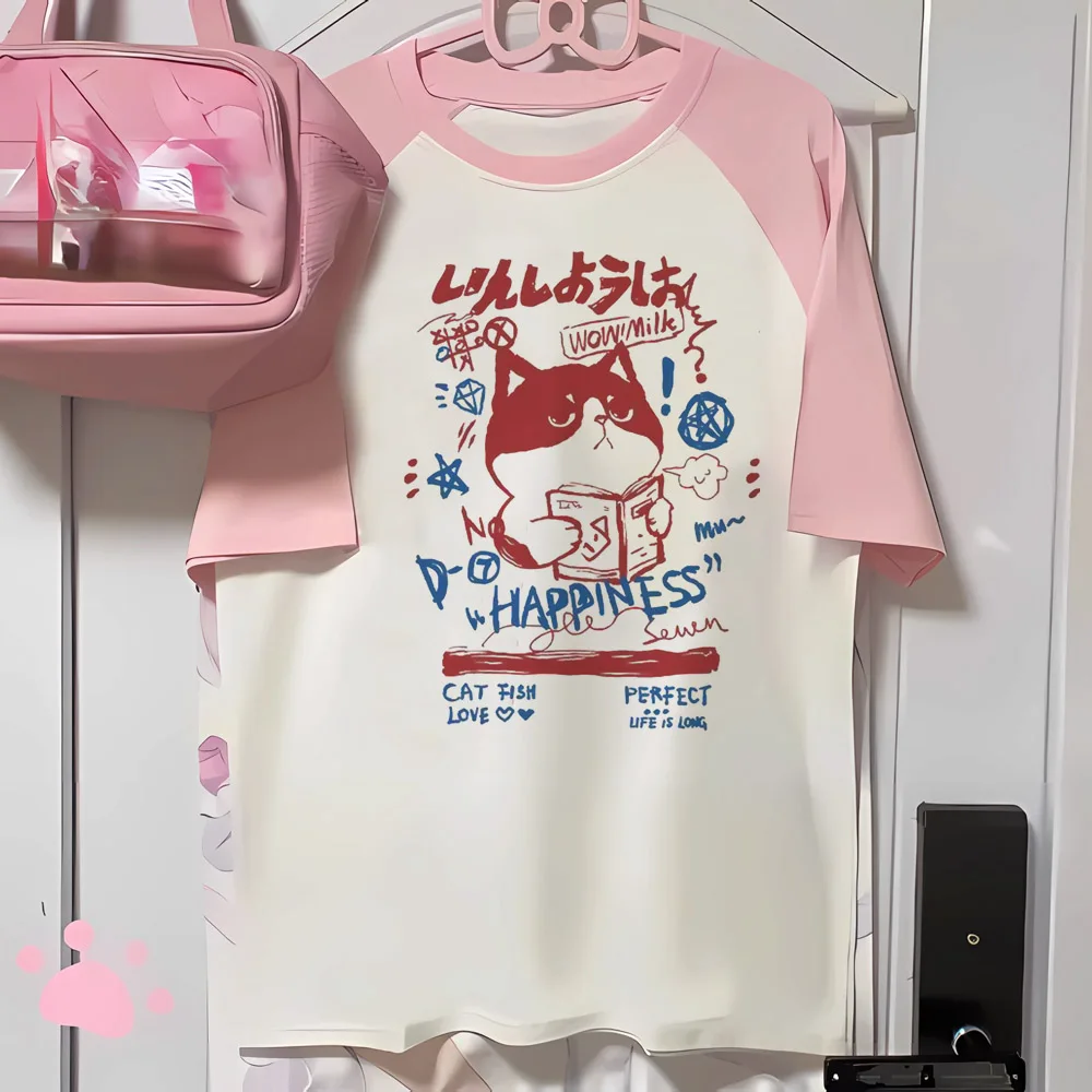 Japanese Grunge T-shirt Y2k Aesthetics Harajuku Anime Cartoon Cat Tops Tees Short Sleeve Women Kawaii Clothing Streetwear 4