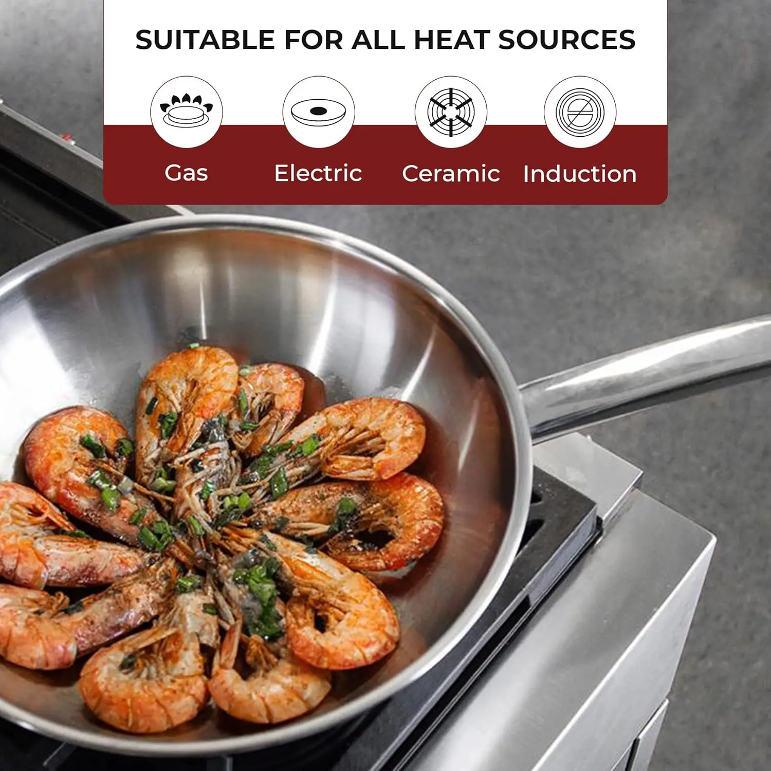 Clad Stainless Steel Wok Pan with Lid Flat Bottom 12 inch (30cm) - Small Stir Frying Pan with Stay-Cool Long Handle - Tr 6