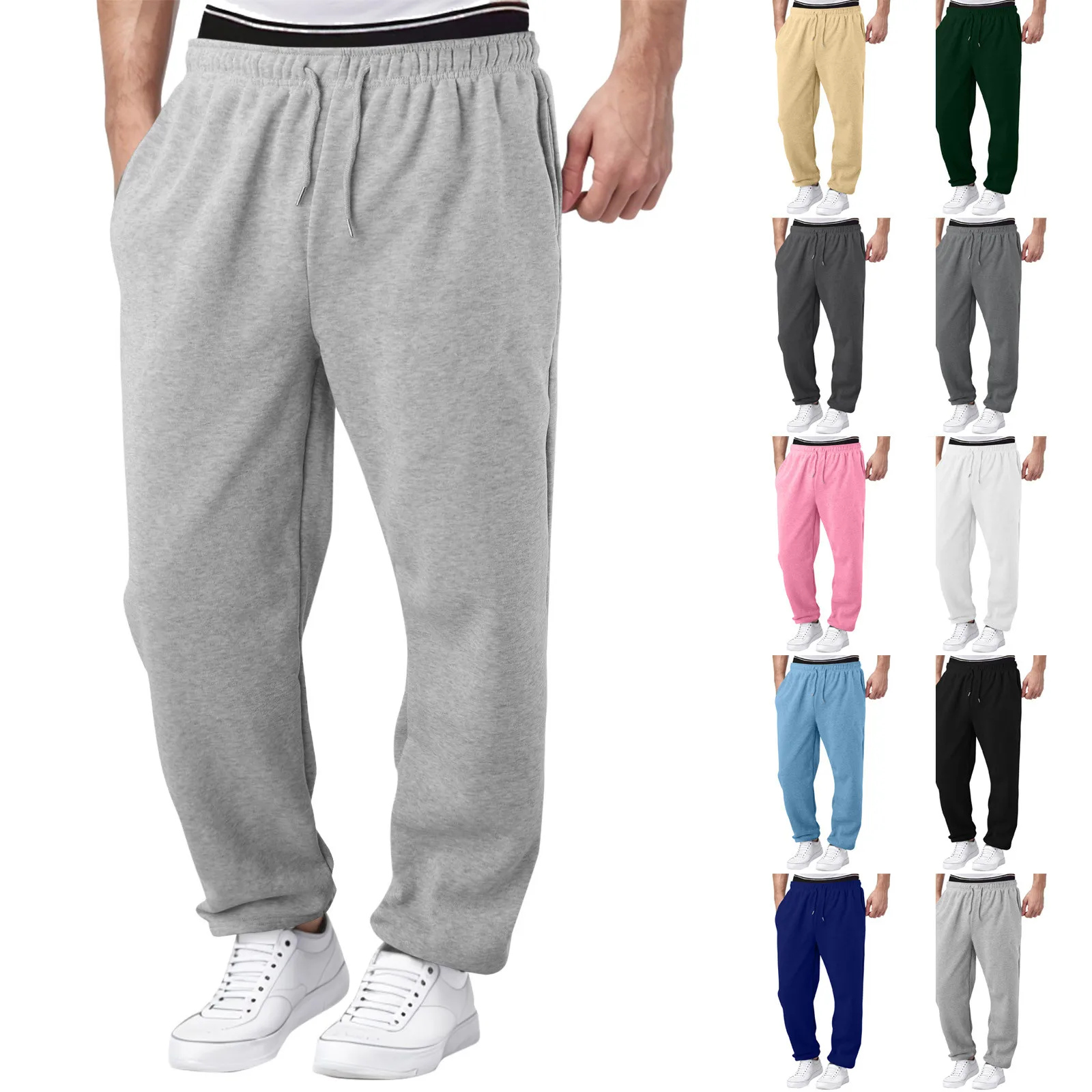 

Loose Drawstring Elastic Waist Running Fitness Pants Men's Solid Colour Casual Sweatpants Fleece Male Trousers With Pockets