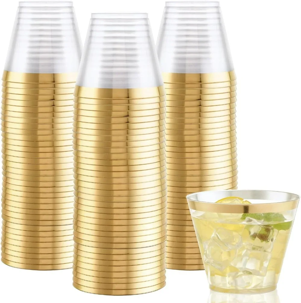 100PCS Gold Plastic Cups 9Oz Disposable Gold Rimmed Clear Trim for Party Wedding birthday party supplies plastic cups