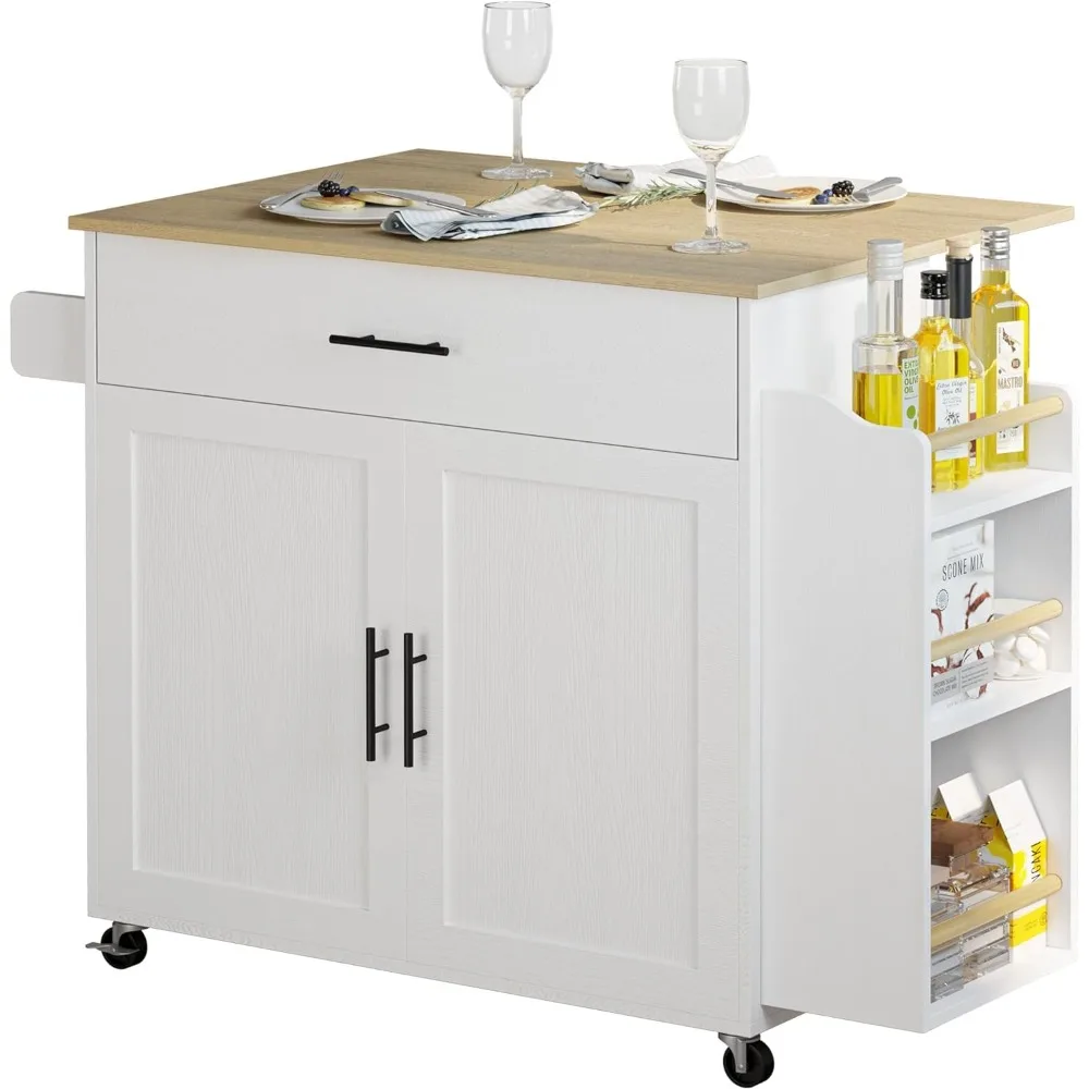

Kitchen Island Cart with Storage, Rolling Kitchen Island on Wheels with Drop Leaf, 3 Open Spice Rack Shelf, Kitchen Cart Island