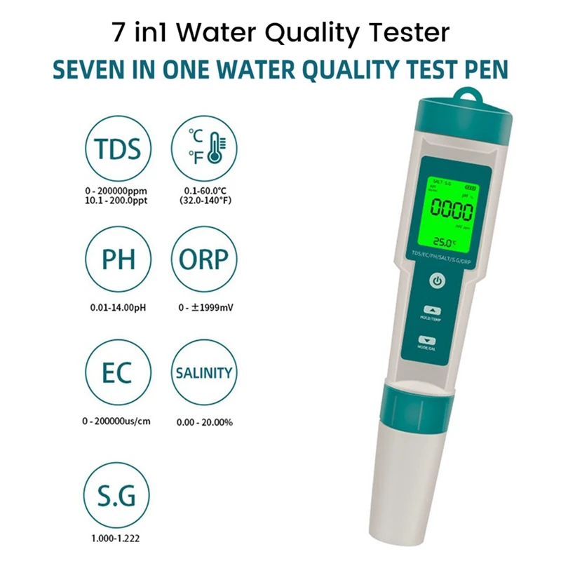 

Water Quality Tester PH/ORP/EC/TEMP/SALT/S.G/TDS LCD Backlight Test Pen Multifunctional Analysis Instrument