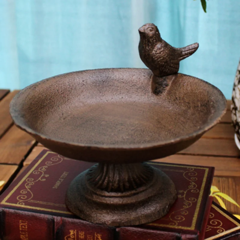 Antique Rustic Round Cast Iron Footed Bird Feeder With Bottom Base Home Garden Decor Table Heavy Metal Storage Bowl Plate Tray 5