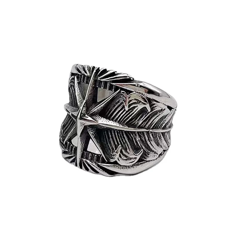 

Vintage Feather Octagon Star Ring for Men's Trendy Cool Single Index Finger Ring Hip Hop