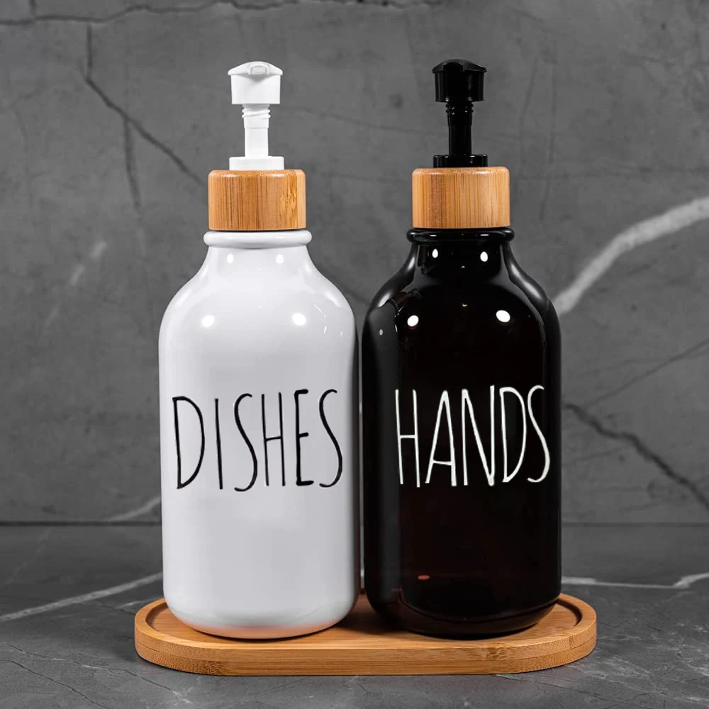 Kitchen Amber Plastic Dish Soap Bottle with Decal Label Empty Pump Dispenser Hand Soap Dispenser for Bathroom Lotion Container soap dispenser