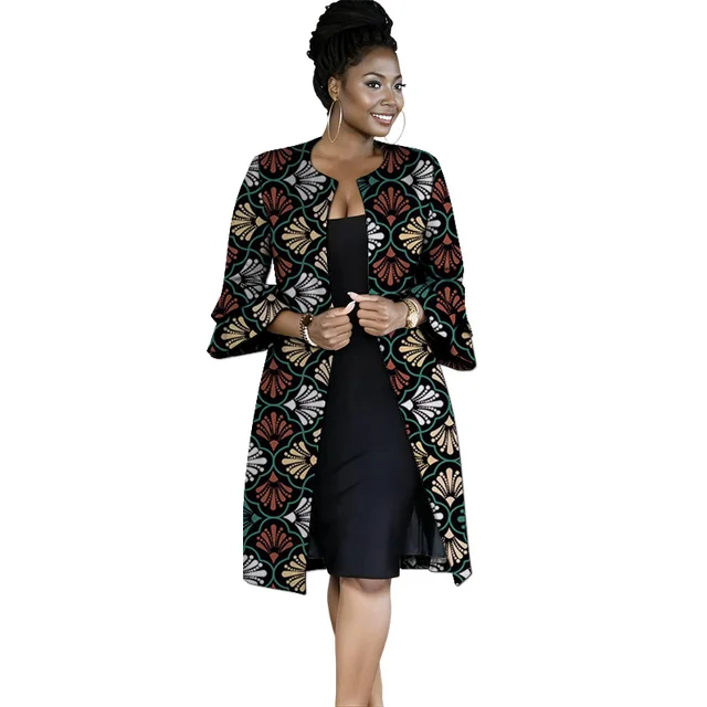 Double Layered Lotus Sleeves Women's Coats African Print Collarless Cardigan Long Jacket Retro Style Female Ankara Outfit 6