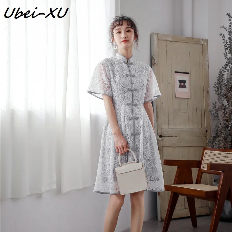 

Ubei New summer French court retro dress girls Chinese style cheongsam style lace dress fashion