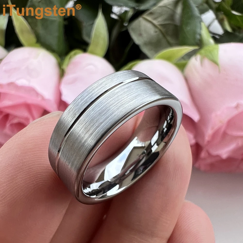 iTungsten 8mm Dropshipping Black Men Ring Women Tungsten Wedding Band Offset Groove Brush Finish Excellent Quality Comfort Fit