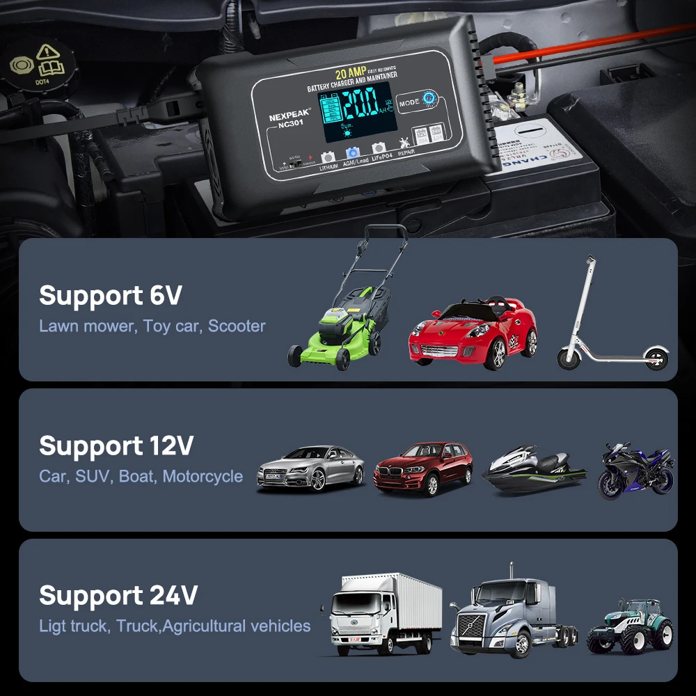 Auto Battery Charger 6V 12V 24V 20A For Motorcycle Auto Lead Acid AGM Lithium LiFePo4 Batteries car battery accessories
