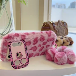 Chic Leopard Print Shockproof Furry Phone Case with Candy Colors - iPhone 15 Plus (Rose Red)