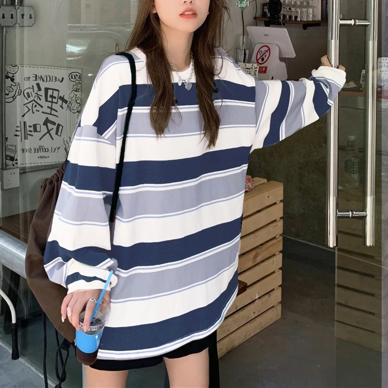 Women s Stylish Long Sleeve Striped Round Neck Pullover Top with Loose Fit and Fashionable Print Design