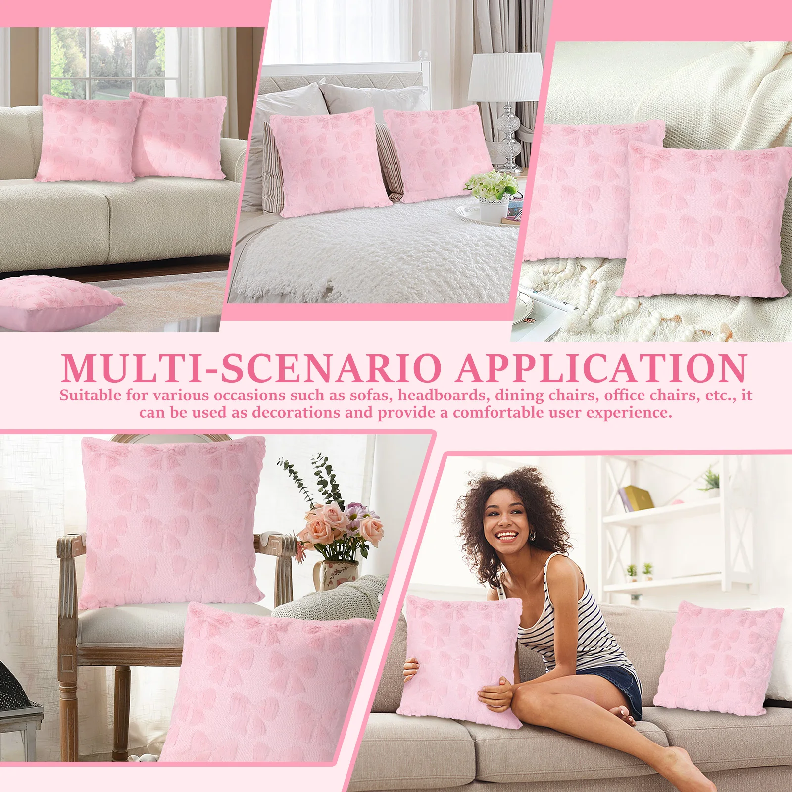 4Pcs Bow Throw Pillow Cover Plush Bowknot Square Pillow Cover 17.7 inch Sofa Pillowcase Home Decoration Accessories White/Pink