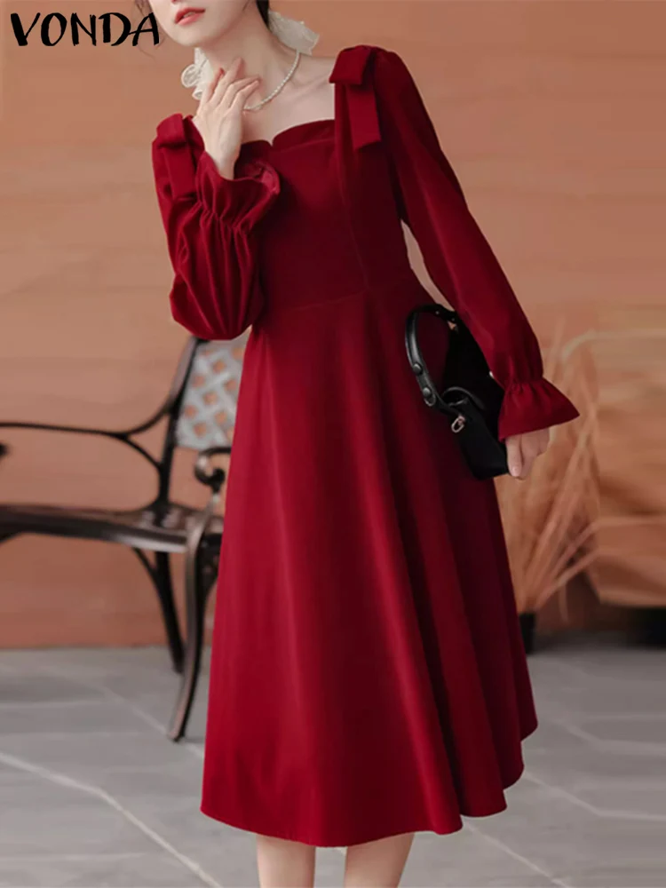 

VONDA Women Autumn Dress Elegant Long Sleeve Party Sundress 2023 Sexy Square Collar Solid Color Casual Vestidos Oversized