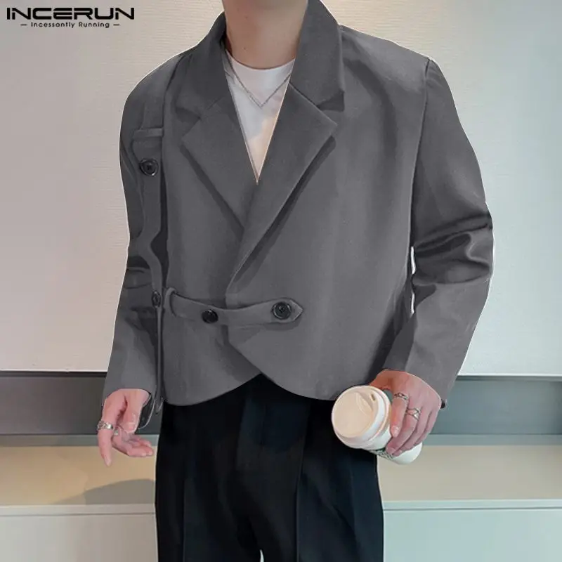 

INCERUN Tops 2023 Korean Style Handsome Men Shoulder Pads Solid Cropped Blazer Casual Fashion Male Long Sleeved Suit Coats S-5XL