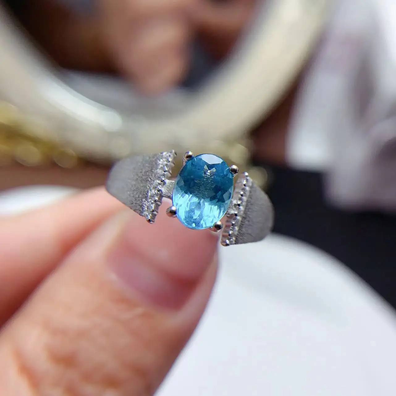 

Best Seller Jewelry Ring With Natural Blue Topaz Gemstone 6*8mm Silver Vintage Ring For Woman Ring Jewelry For Dating Wedding