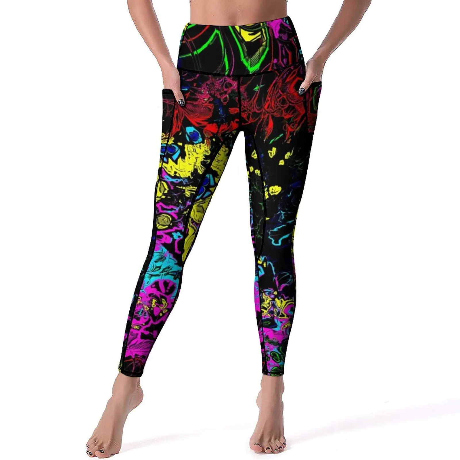 

Colorful Paint Splatter Leggings Abstract Pattern Gym Yoga Pants High Waist Elegant Sports Tights Pockets Stretchy Yoga Legging