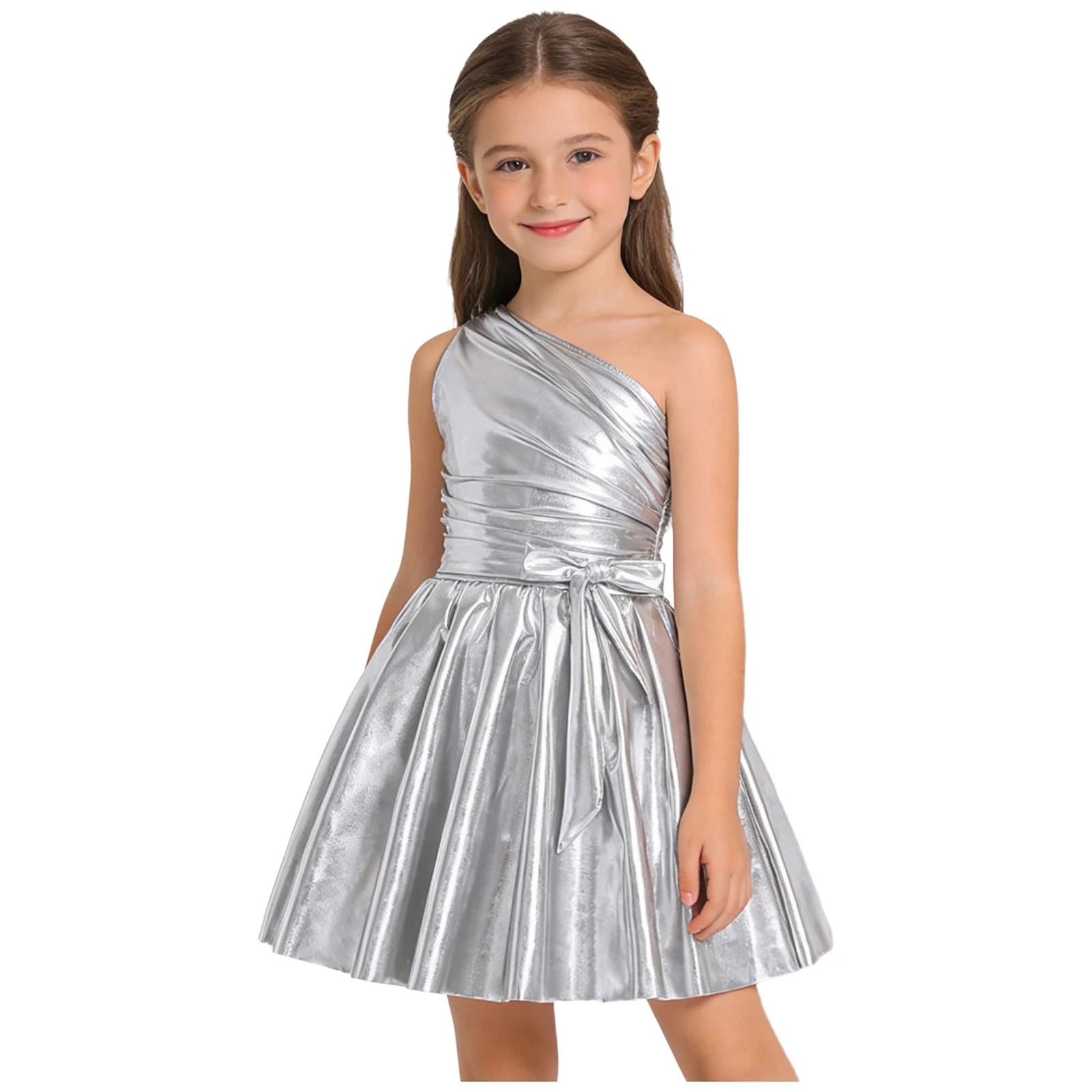 Mädchen Metallic Glänzendes Swing-Kleid Tanz-Performance-Kostüm Einschultriges Kleid Gerafftes Oberteil Puffärmel A-Linien-Saum Trikotkleid – Detail 12