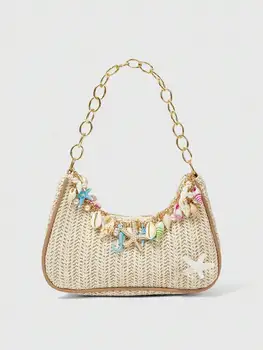 🌊 1pc Summer Beach Starfish Series – Bohemian Woven Straw Tote, Coastal Shoulder Bag with Random Seaside Charm Placement 1