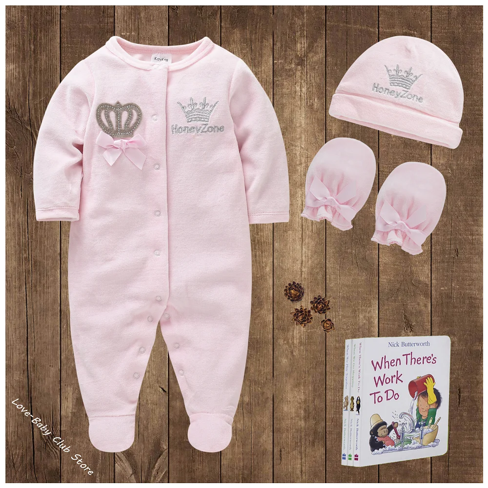 Baby Boys Rompers Royal Crown Prince Clothing Sets with Cap Gloves Infant Newborn Girl One-Pieces Footies Overall Pajamas Velour new baby clothing set	 Baby Clothing Set