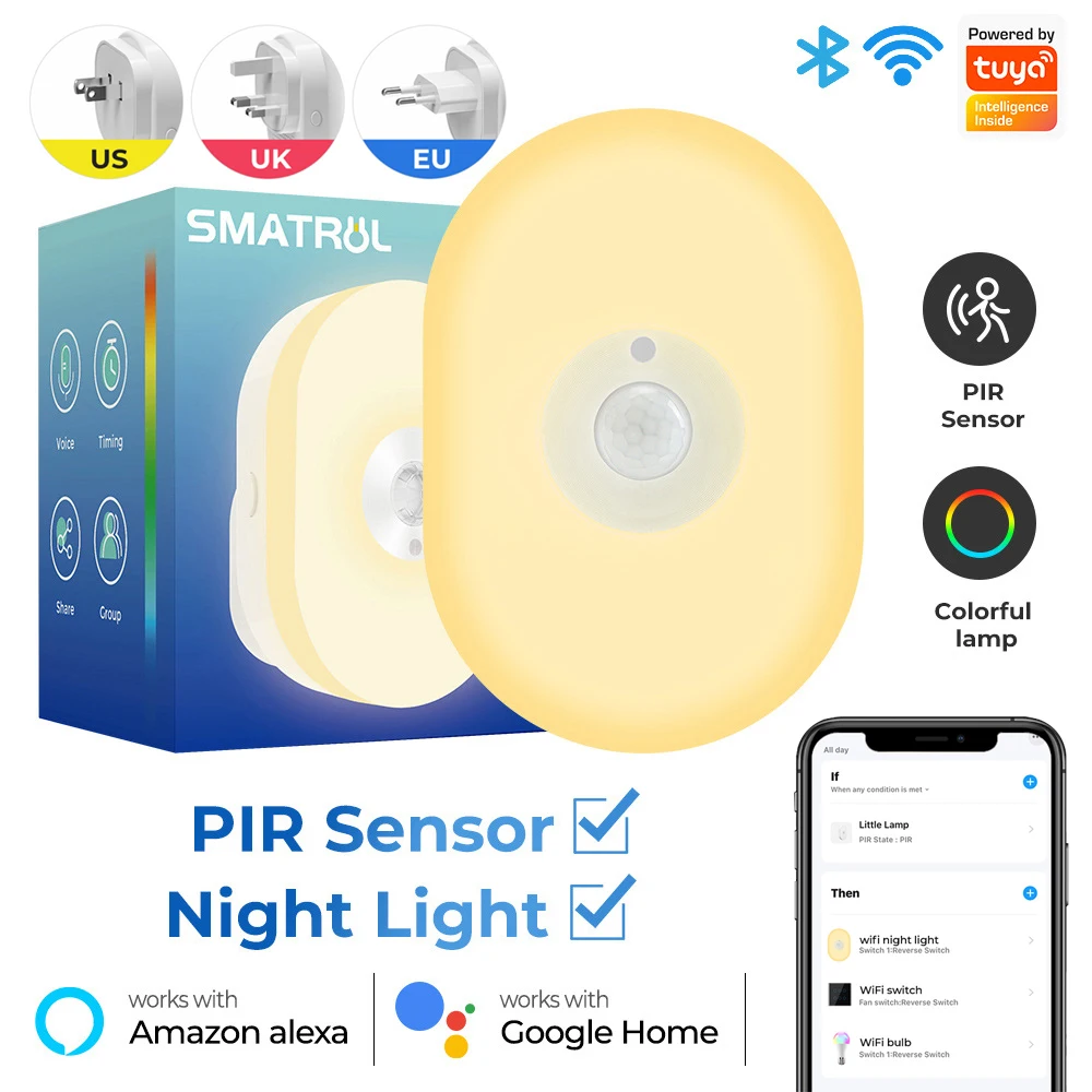 

Smart WIFI Tuya PIR Motion Sensor LED Night Light Detector Wireless APP Control Voice Timing RGB Wall Lamp for Alexa Google Home