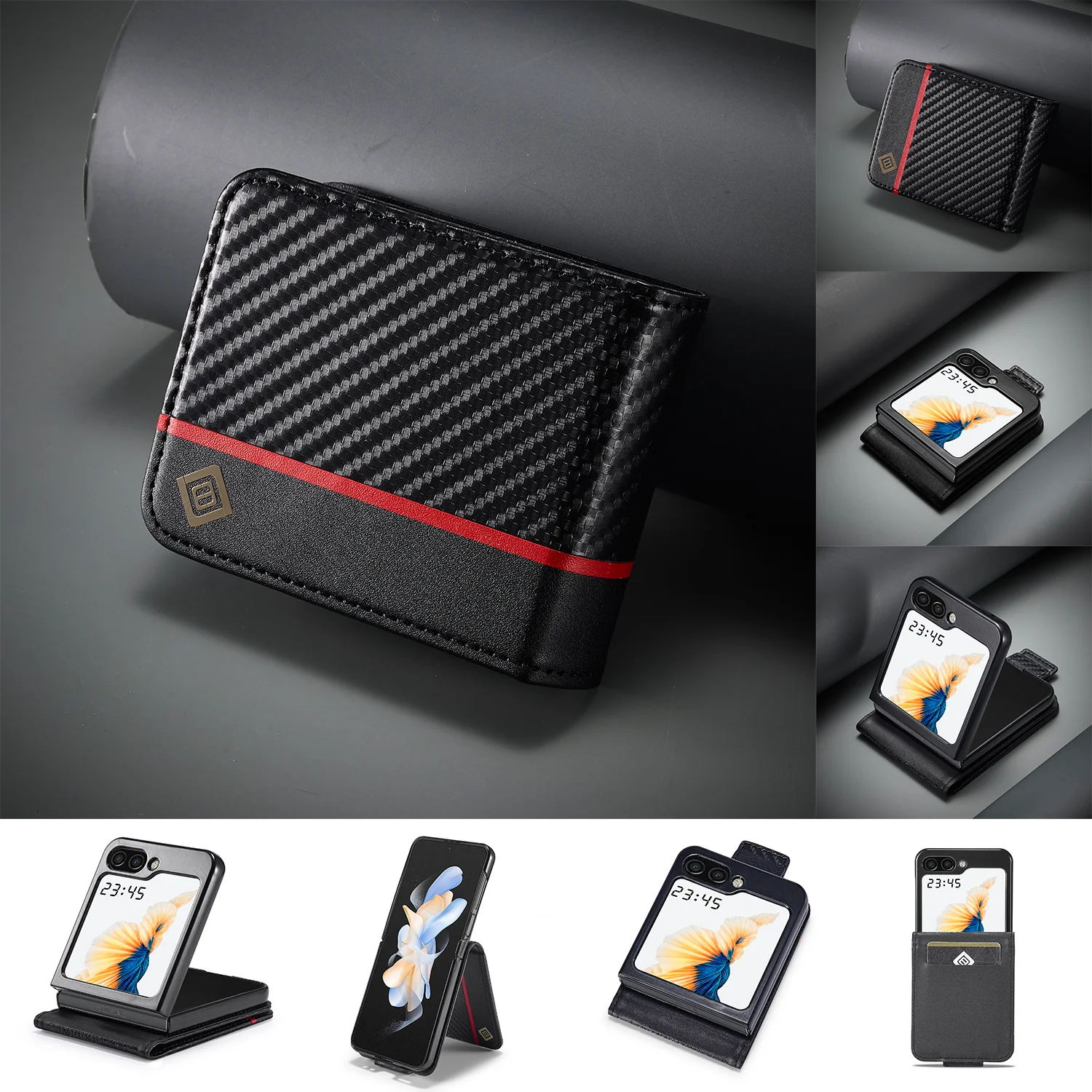 Luxury Carbon Fibre Leather Magnetic Flip Wallet Phone Case with Card Slots