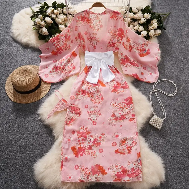 Japan Sakura Print Kimono Sheer V-Neck Petal Sleeves Slim Long Dress Sexy Women Nightgown Bathrobe Sweet Sexy Irregular Pajamas