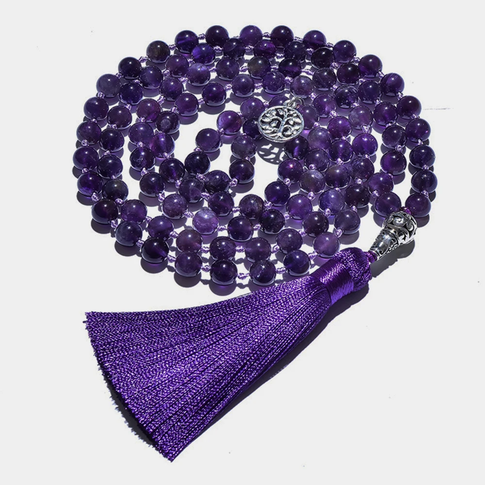 

8mm Natural Amethyst Knotted 108 Mala Prayer Beaded Necklace Meditation Yoga Jewelry with Tassel Pendant Female Rosary