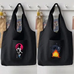 Woman Bag Casual Black Shoulder Bag Handbag Japanese Pattern Printing Series Tote Bag Soft Canvas Bag Harajuku Commuter Bag
