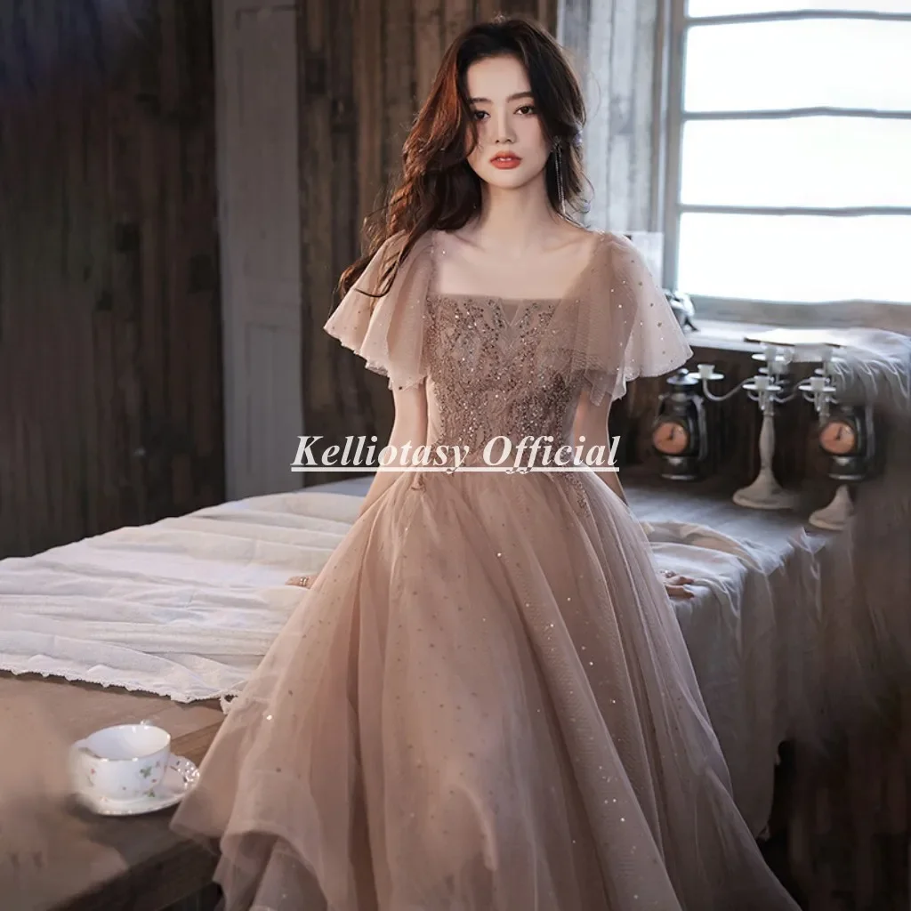 Square Neckline Cocktail Party Dresses With Short Sleeves Tea Length Lace Appliques Woman Dress For Occasions