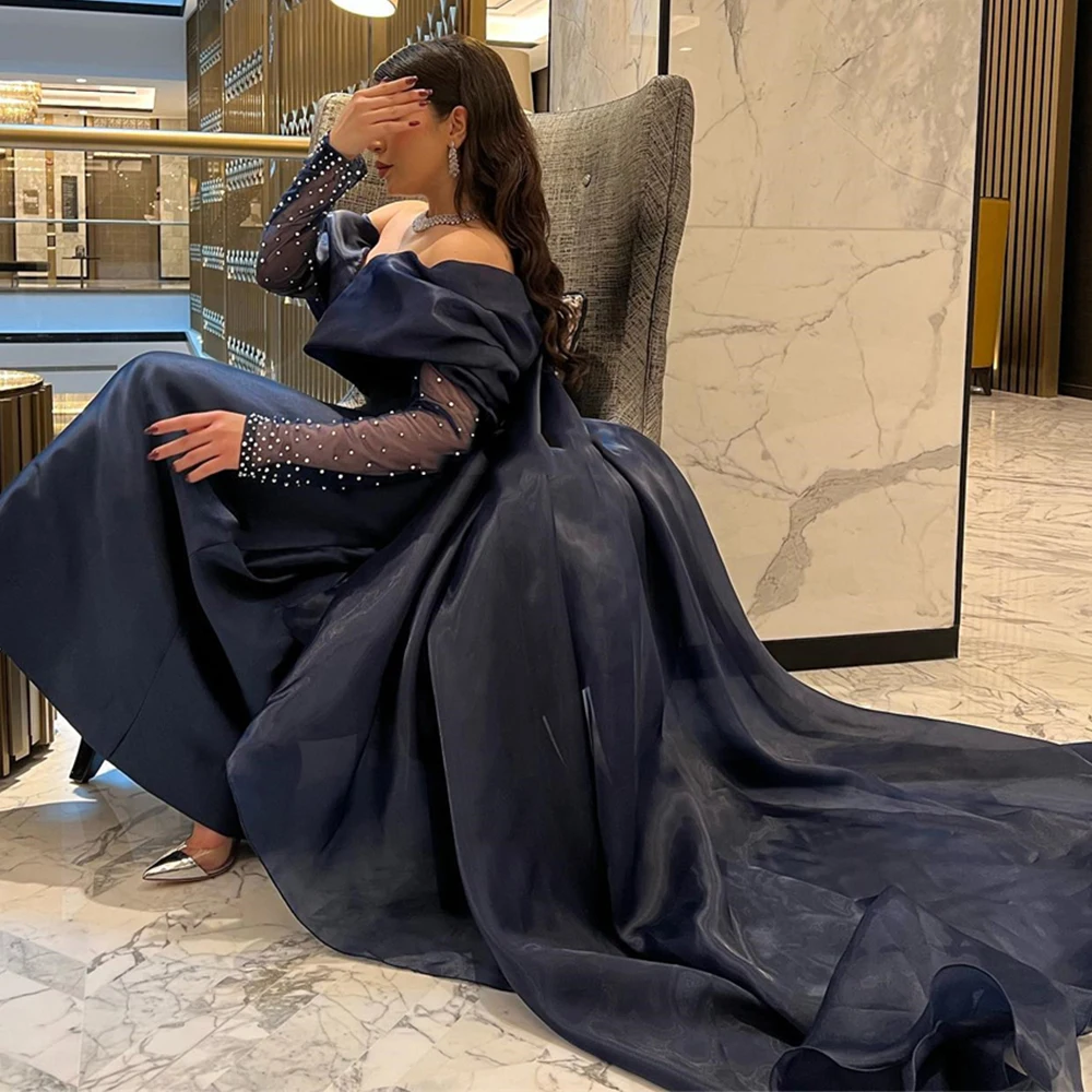 

A-line Long Sleeve Pearl Prom Gown Sexy Backless Off Shoulder Evening Dresses Satin Patchwork Celebrity Banquet Dress
