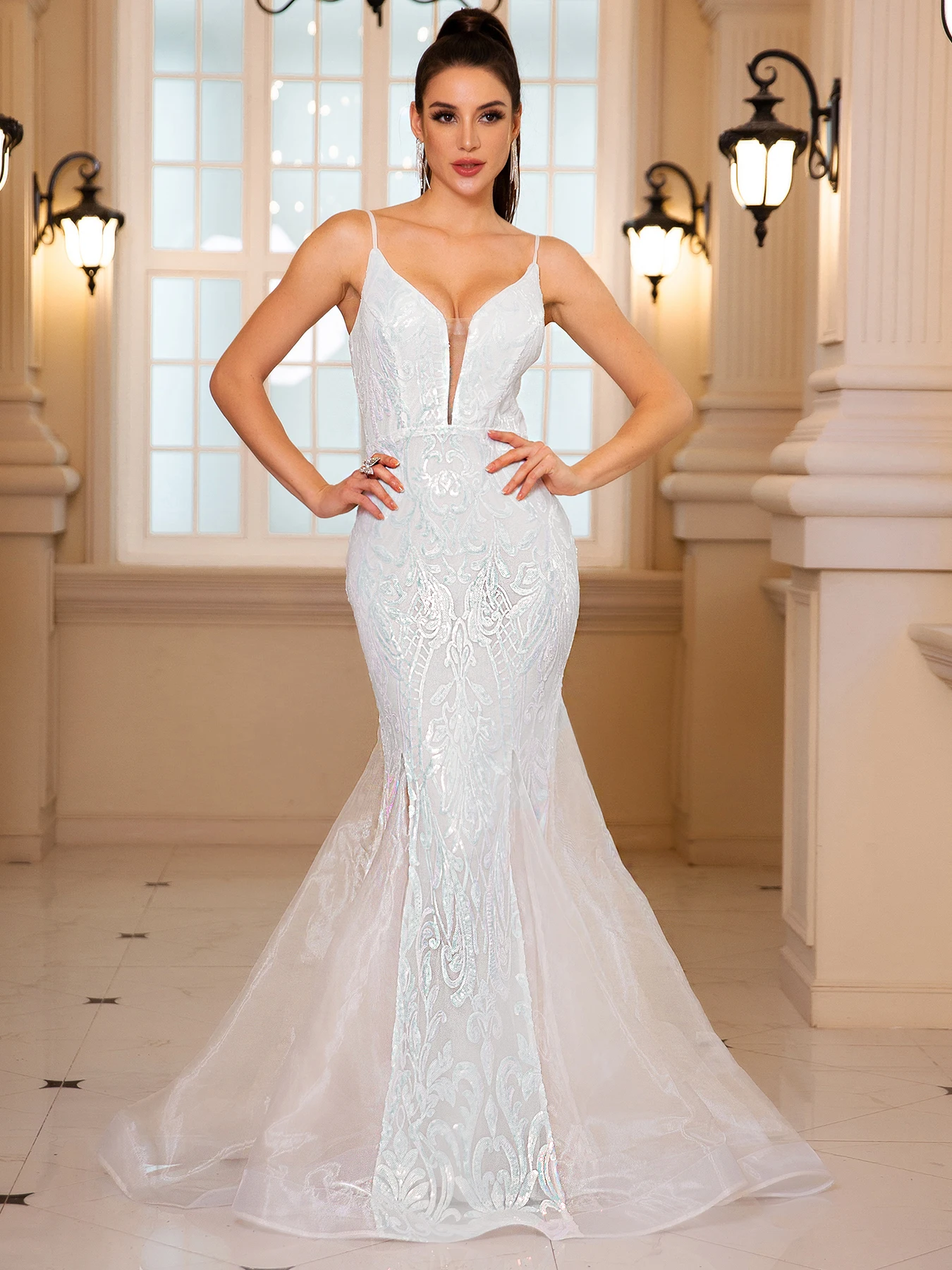 Shiny Mermaid Sequins Long White Evening Prom Dress V Neck Sleeveless Formal Dress