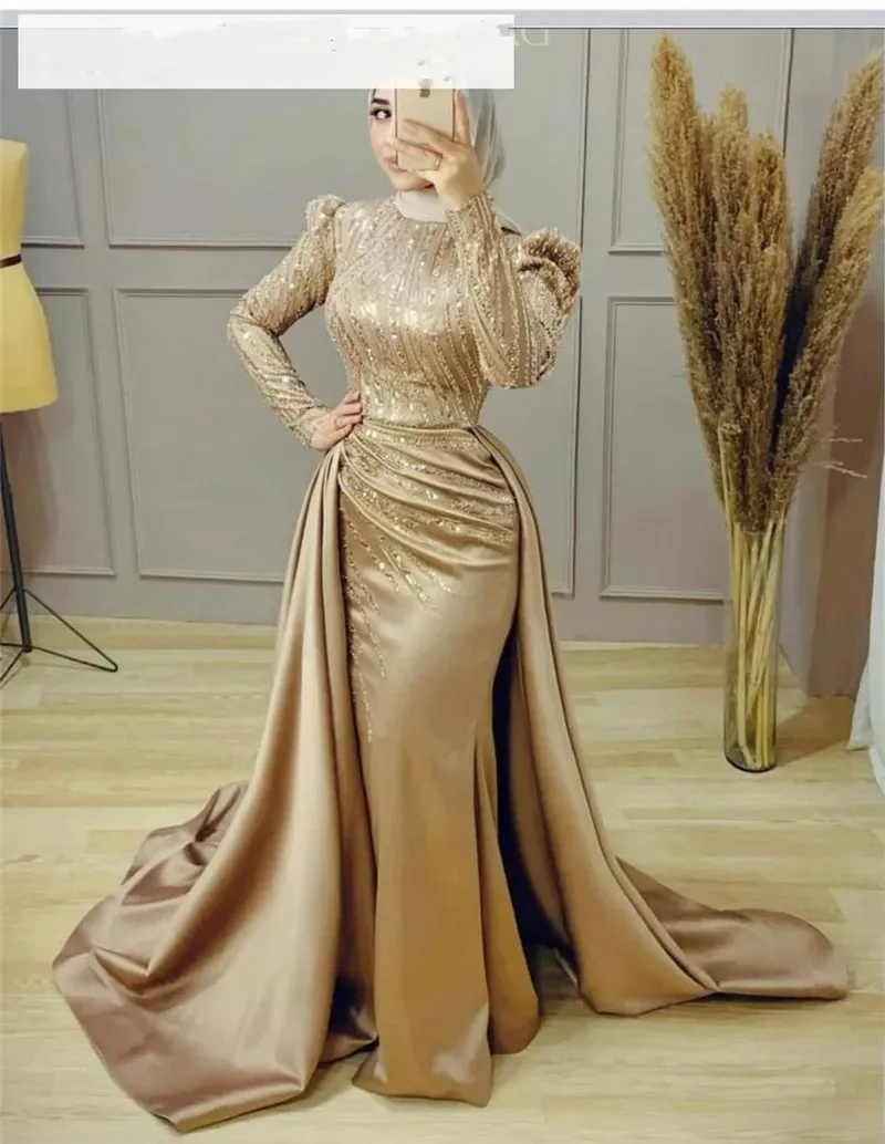 

Champagne Muslim Satin Beaded Long Sleeve Evening Dresses Mermaid High Neck Formal Party Gowns Arabic Kaftan Robes De Soirée