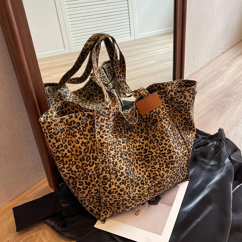 Oversized Leopard Print and Canvas Shoulder Bags