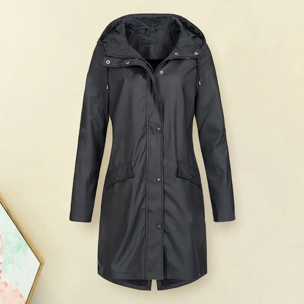 

Long Sleeve Windbreaker Stylish Women's Hooded Trench Coat Chic Solid Color Windbreaker with Drawstring Buttons for Autumn