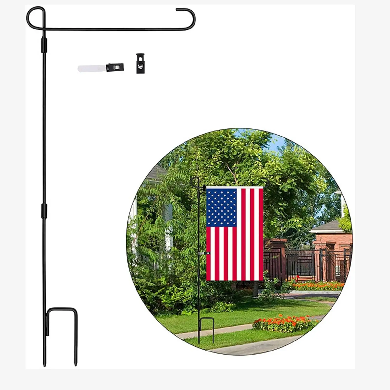 1 Set Garden Flag Pole Holder with Non-Skid Clip Decoration Detachable Wind Proof Black Durable Stand for Farmhouse Lawn Outside