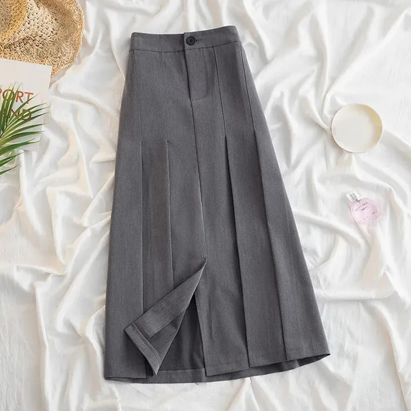 

Japanese Streetwear Pleated Skirts Women 2023 Spring Slim Fit Button Gray Midi Skirt Woman Korean High Waist Office A-Line Skirt