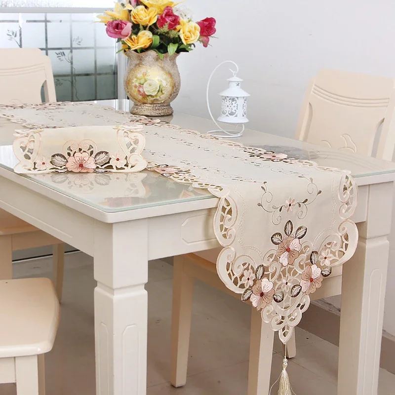

40*150cm/40*196cm/40*246cm/30*45cm Table Runner Embroidered Floral Lace Fabric Translucent Gauze Table Cloth